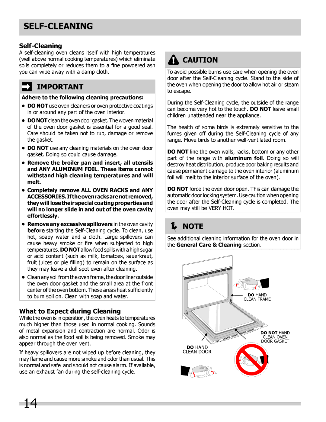 Frigidaire FFET3025LB Self-Cleaning, What to Expect during Cleaning, Adhere to the following cleaning precautions 