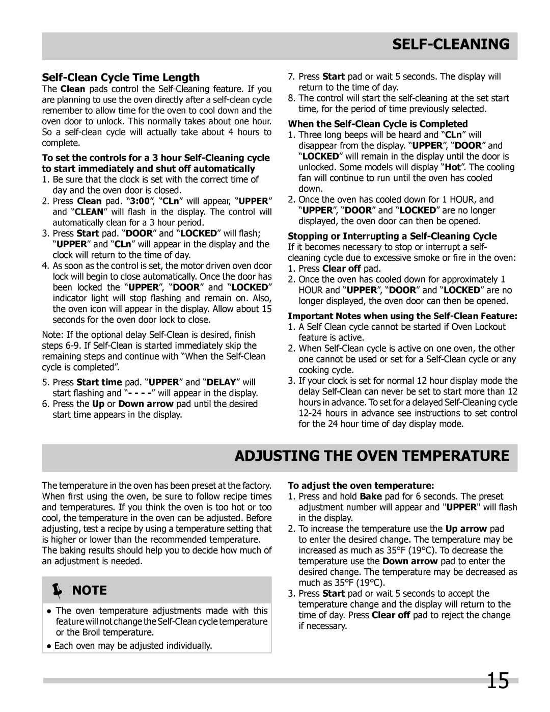 Frigidaire FFET2725LW Adjusting the Oven Temperature, Self-Clean Cycle Time Length, When the Self-Clean Cycle is Completed 