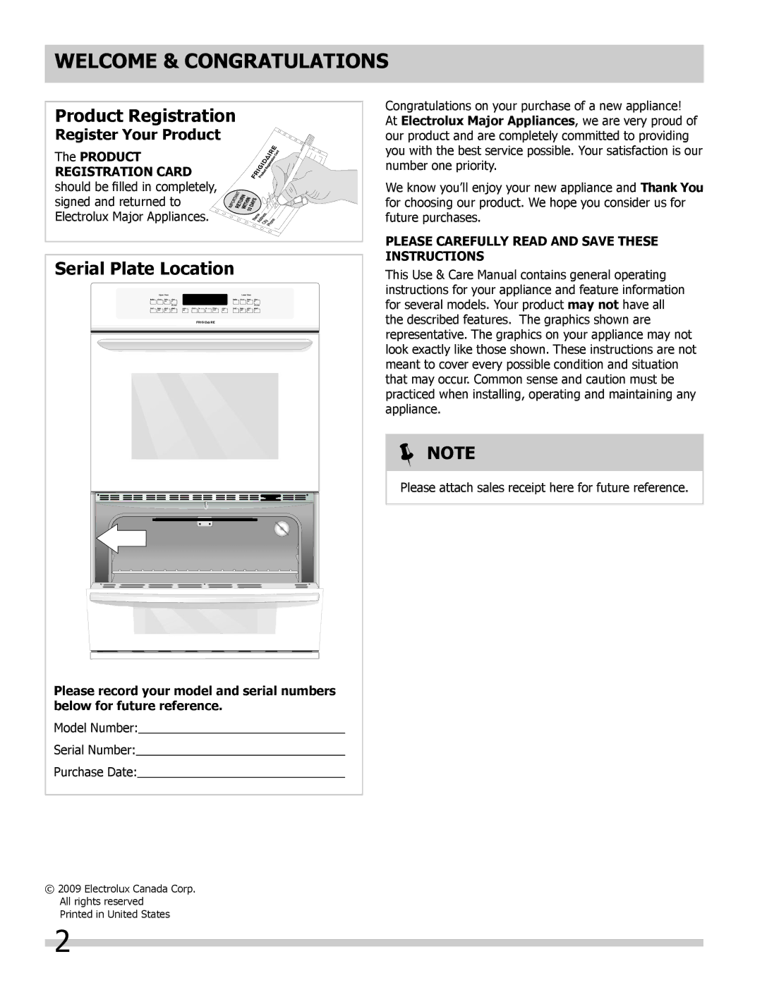 Frigidaire FFET3025LB Welcome & Congratulations, Register Your Product, Please Carefully read and save these instructions 