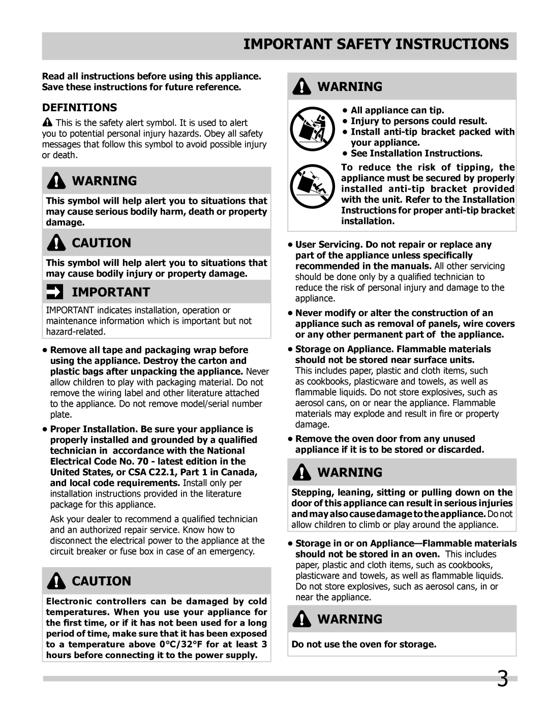 Frigidaire FFET2725LW, FFET3025LW, FFET2725LS Important Safety Instructions, Definitions, Do not use the oven for storage 