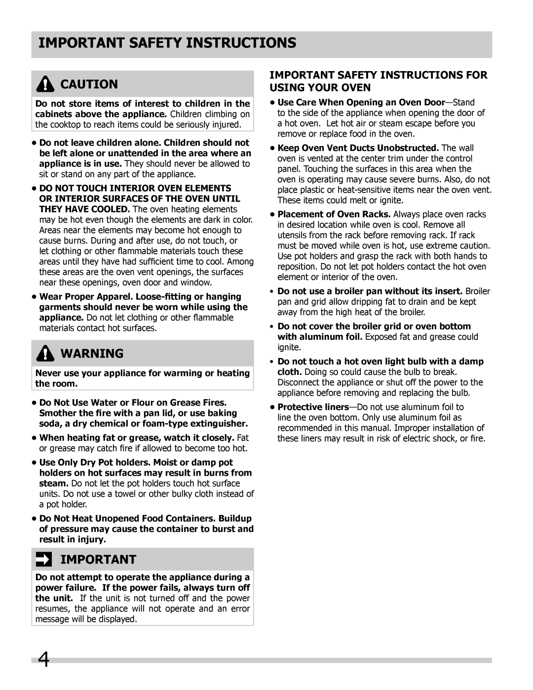 Frigidaire FFET2725LB, FFET3025LW Important Safety Instructions for Using Your Oven, Do not Touch Interior Oven Elements 