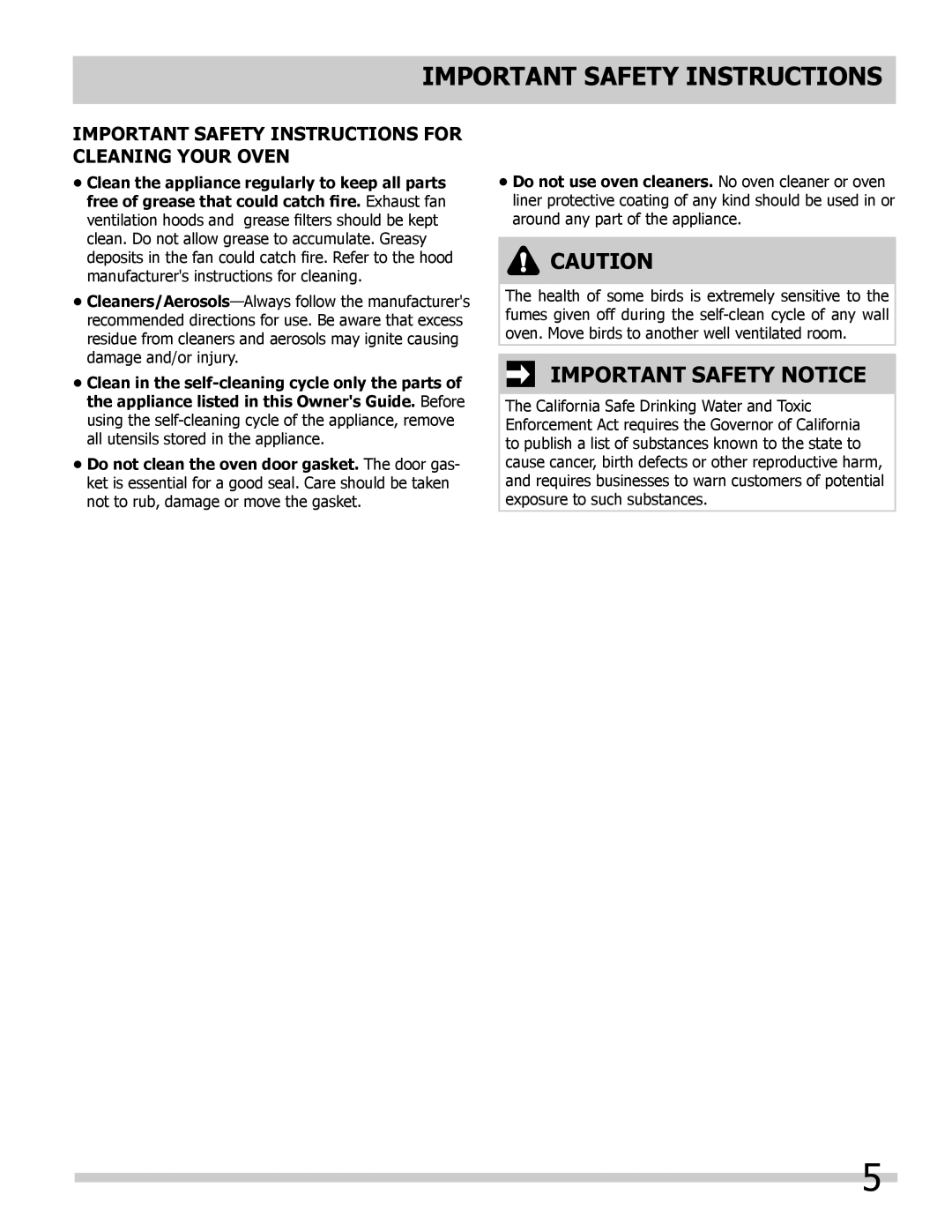 Frigidaire FFET3025LS, FFET3025LW, FFET2725LS, FFET3025LB, FFET2725LW, FFET2725LB Important Safety Notice 