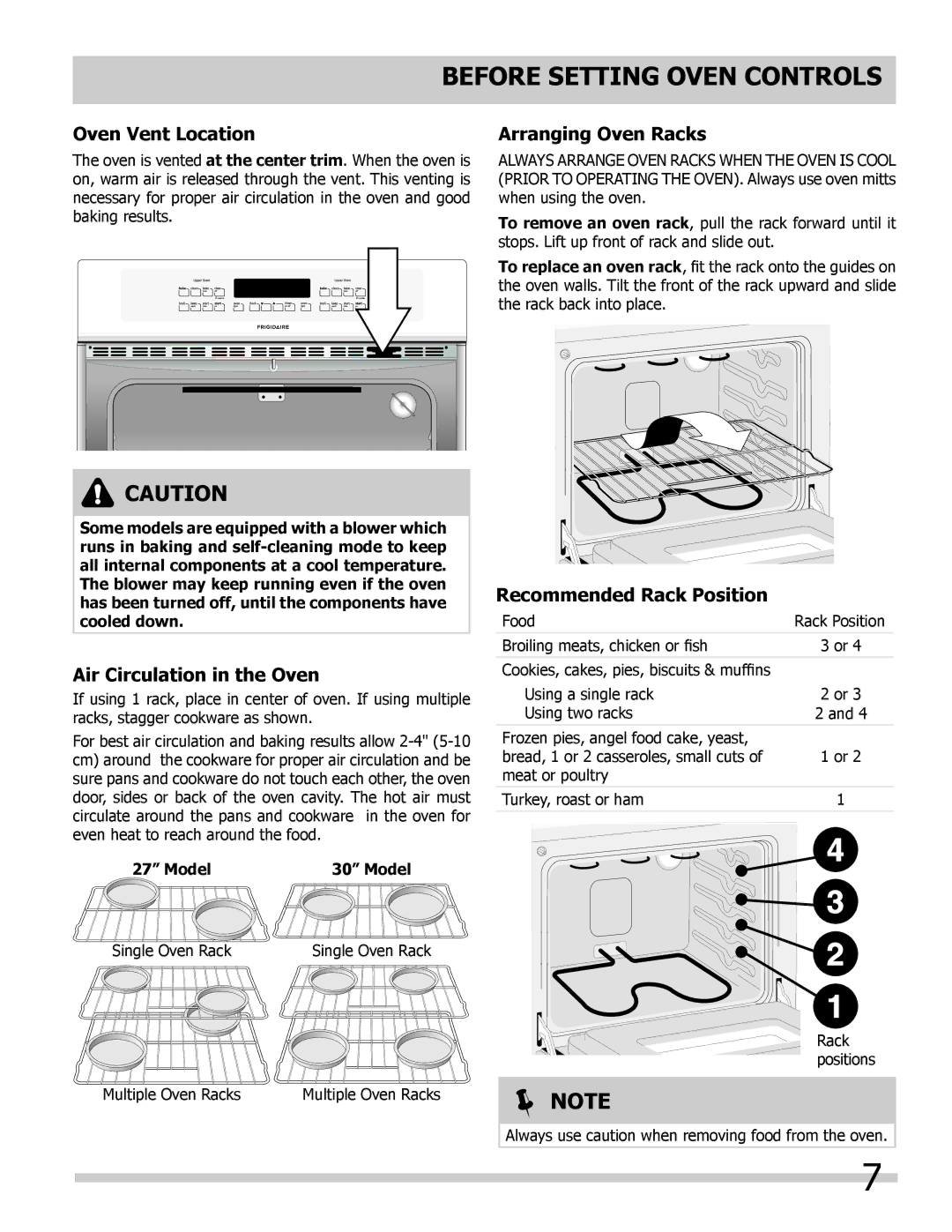 Frigidaire FFET2725LS Before Setting Oven Controls, Oven Vent Location, Air Circulation in the Oven, Arranging Oven Racks 