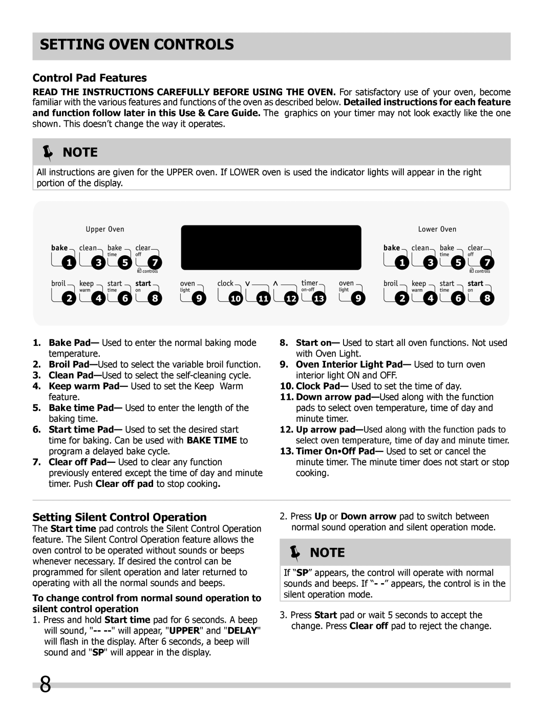 Frigidaire FFET3025LB, FFET3025LW, FFET2725LS Setting Oven controls, Control Pad Features, Setting Silent Control Operation 