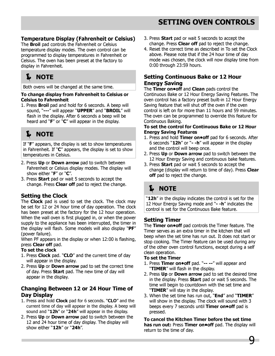 Frigidaire FFET2725LW, FFET3025LW, FFET2725LS Temperature Display Fahrenheit or Celsius, Setting the Clock, Setting Timer 