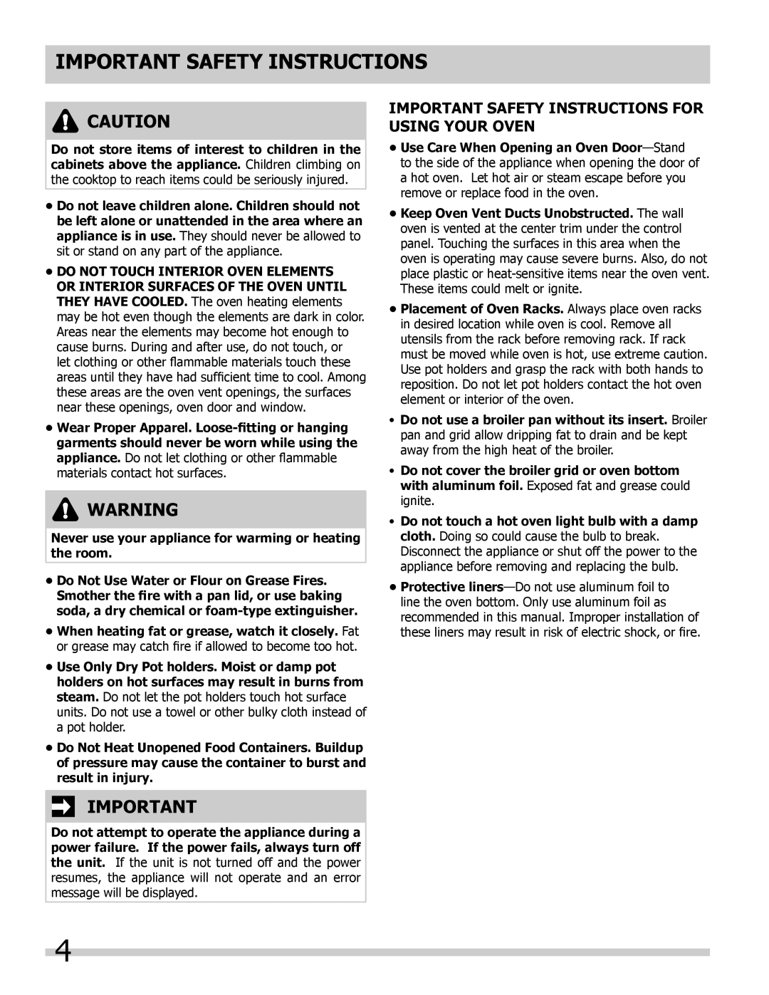 Frigidaire FFET2725LB, FFET3025LW, FFET2725LS, FFET3025LB, FFET2725LW Important Safety Instructions For Using Your Oven 