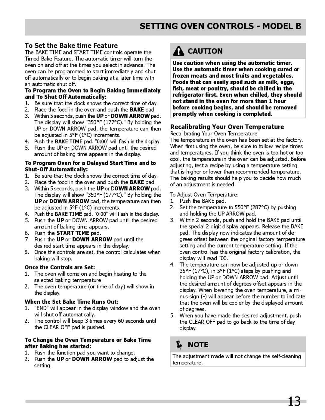 Frigidaire 318205317 To Set the Bake time Feature, Recalibrating Your Oven Temperature, Once the Controls are Set 