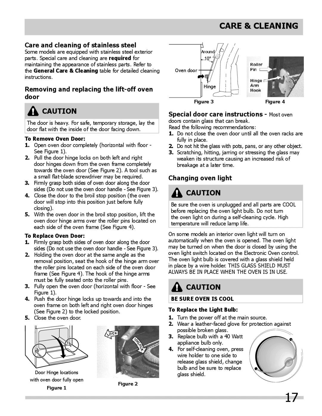 Frigidaire 318205317 Care & Cleaning, Care and cleaning of stainless steel, Removing and replacing the lift-off oven door 