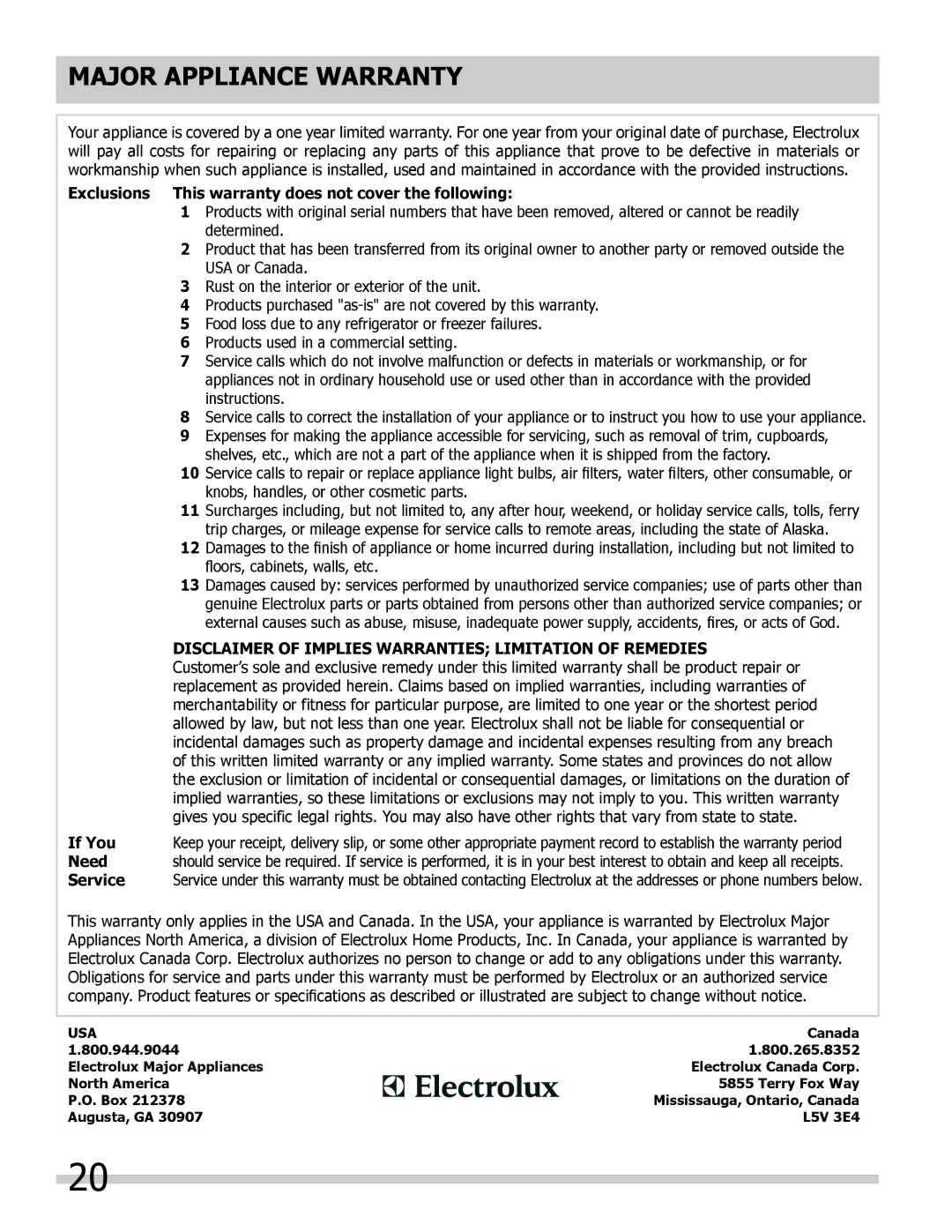 Frigidaire FFEW2425LS, 318205317 Exclusions This warranty does not cover the following, If You, Need, Service 