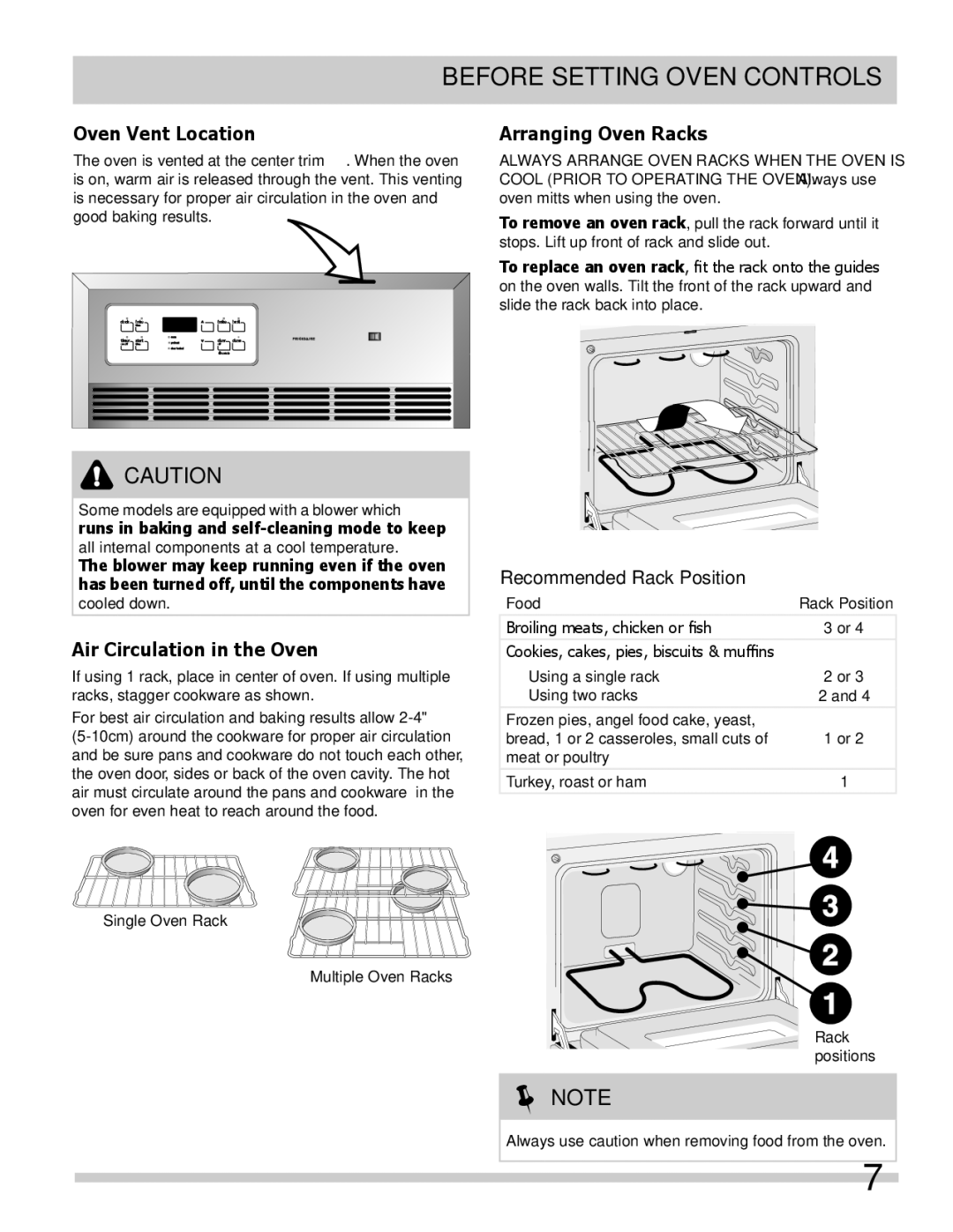 Frigidaire 318205317 Oven Vent Location, Arranging Oven Racks, Air Circulation in the Oven, Recommended Rack Position 