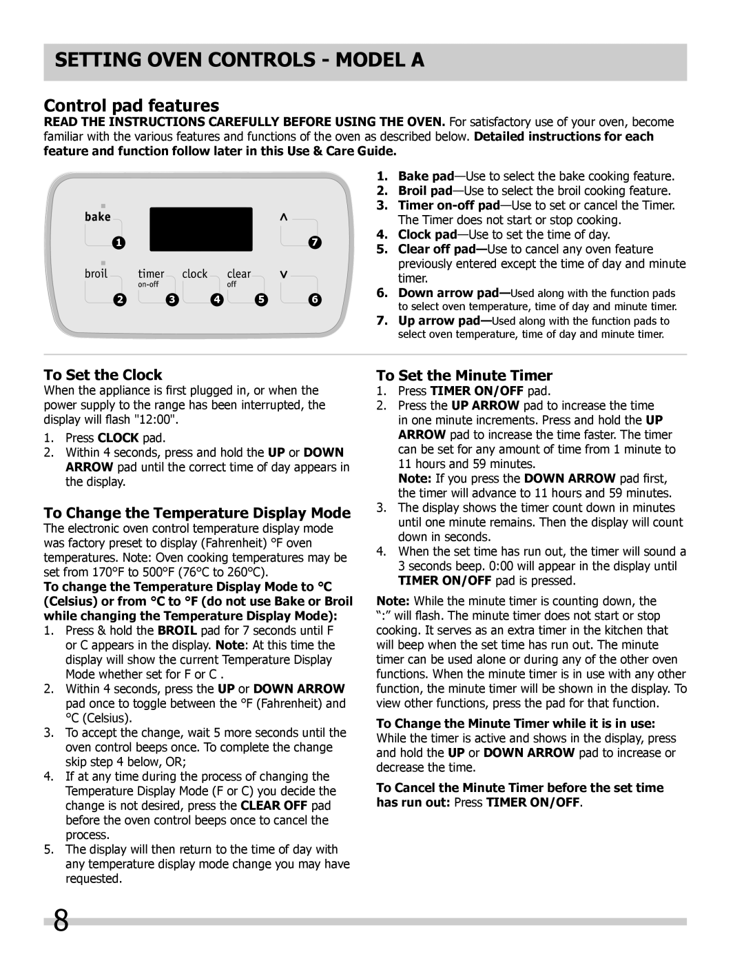 Frigidaire FFEW2425LS, 318205317 Setting Oven controls Model a, To Set the Clock, To Change the Temperature Display Mode 