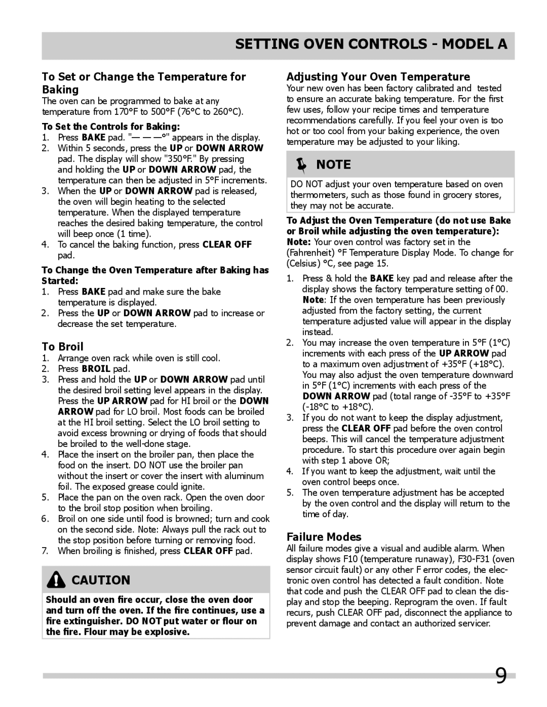 Frigidaire 318205317 To Set or Change the Temperature for Baking, To Broil, Adjusting Your Oven Temperature, Failure Modes 