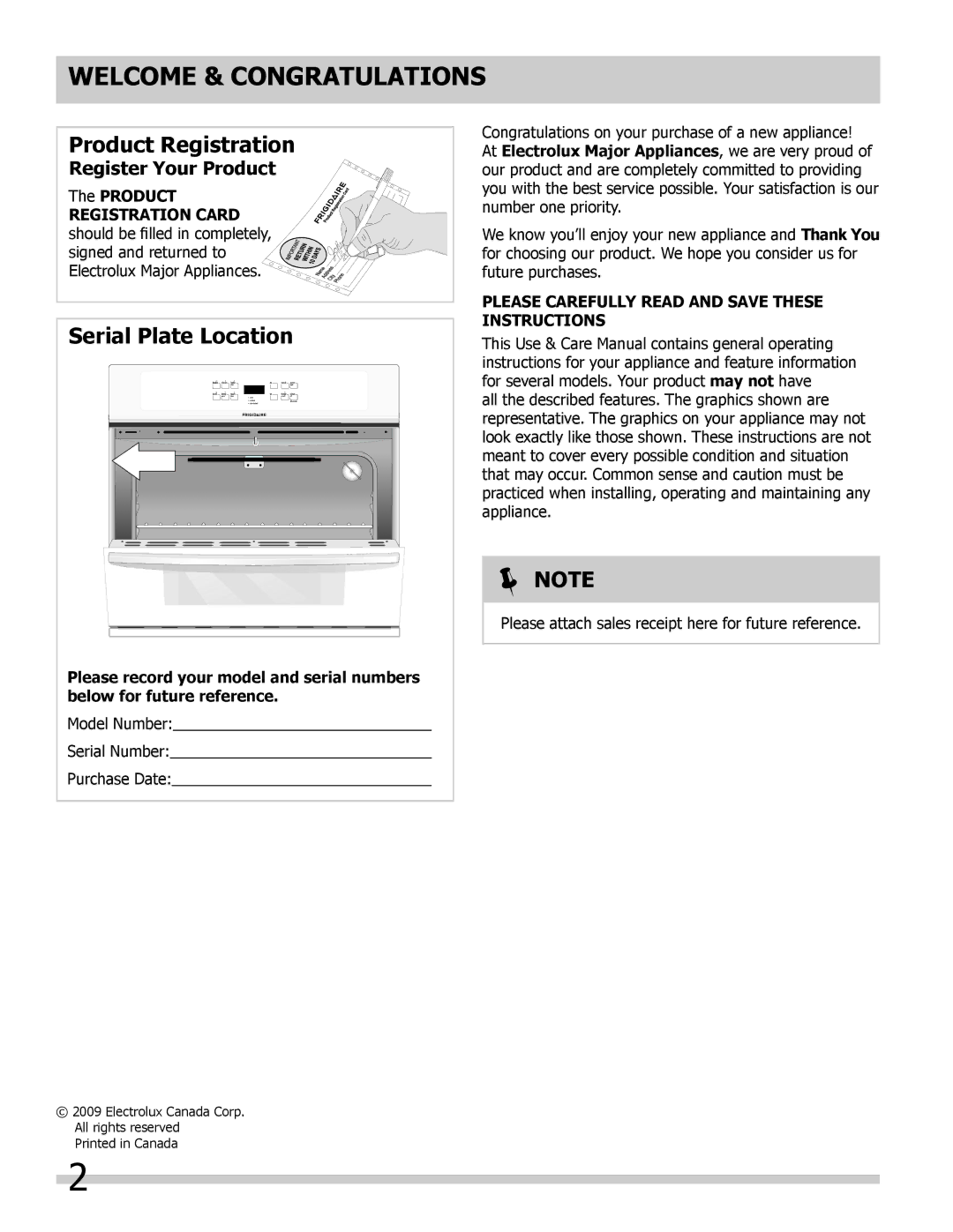 Frigidaire FFEW2725LB Welcome & Congratulations, Register Your Product, Please Carefully Read and Save These Instructions 