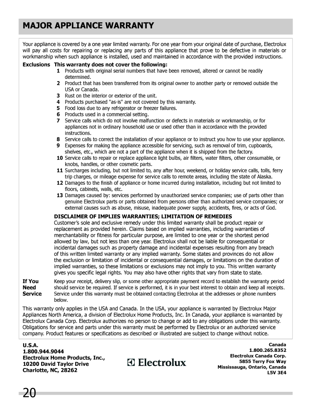 Frigidaire FFEW2725LB, FFEW3025LW Major Appliance Warranty, Disclaimer of Implies Warranties Limitation of Remedies 