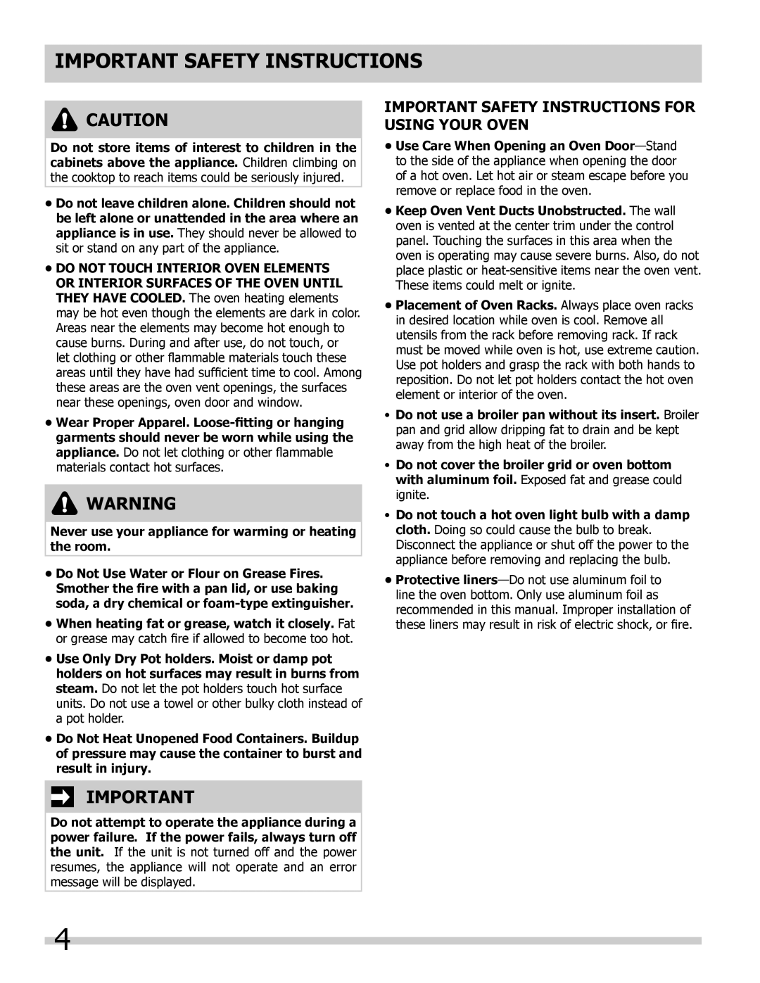 Frigidaire FFEW2725LS, FFEW3025LW Important Safety Instructions for Using Your Oven, Do not Touch Interior Oven Elements 