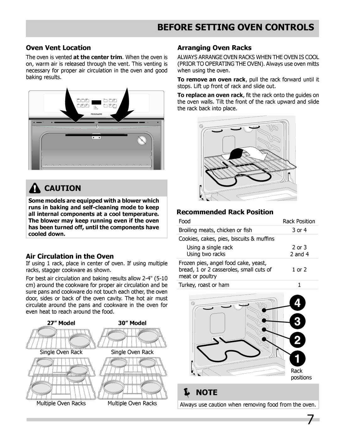 Frigidaire FFEW3025LS Before Setting Oven Controls, Oven Vent Location, Air Circulation in the Oven, Arranging Oven Racks 