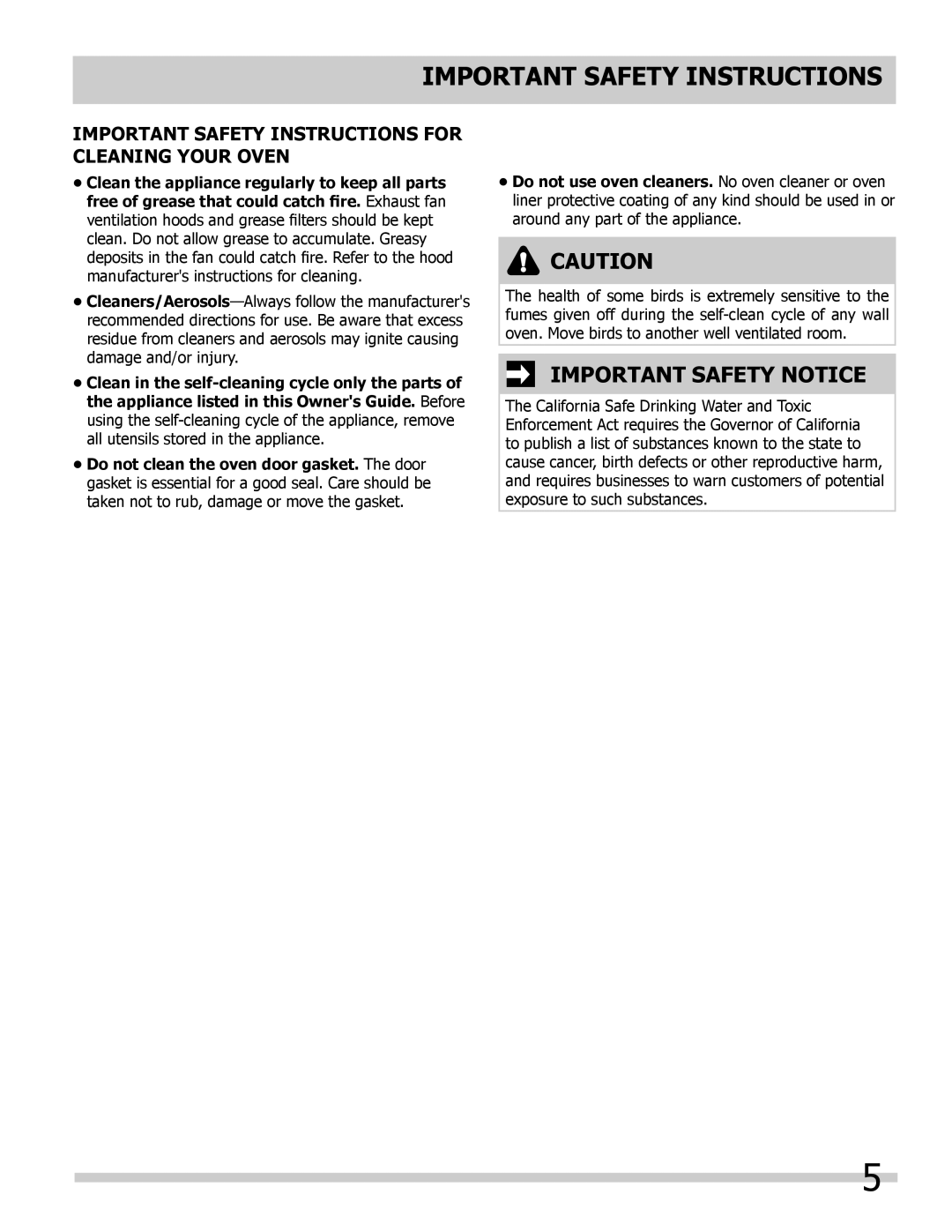 Frigidaire FFEW3025LB, FFEW3025LW, FFEW3025LS Important Safety Notice, Important Safety Instructions For Cleaning Your Oven 
