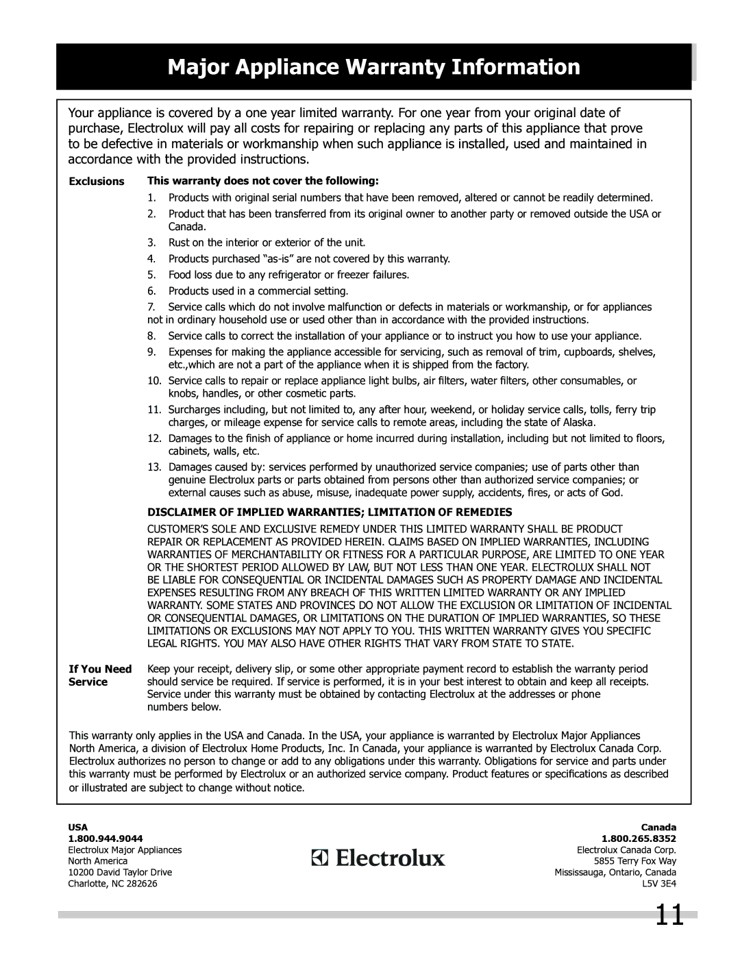 Frigidaire FFC0923DW, FFFC05M4NW, FFFC07M4NW Exclusions This warranty does not cover the following 