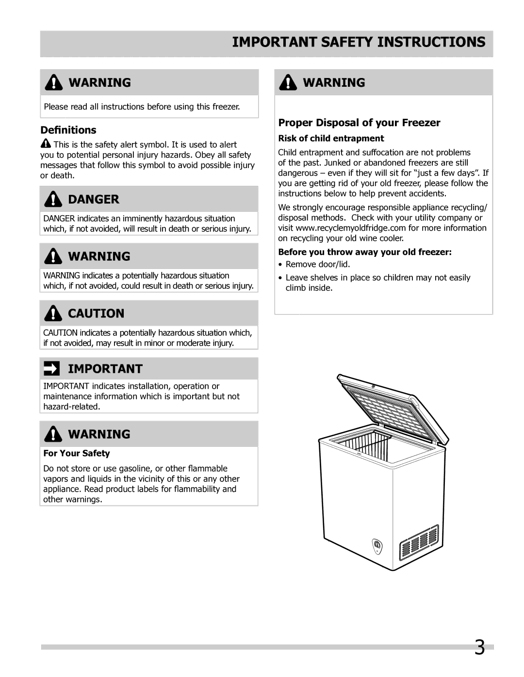 Frigidaire FFFC05M4NW, FFFC07M4NW, FFC0923DW Important Safety Instructions, Definitions, Proper Disposal of your Freezer 