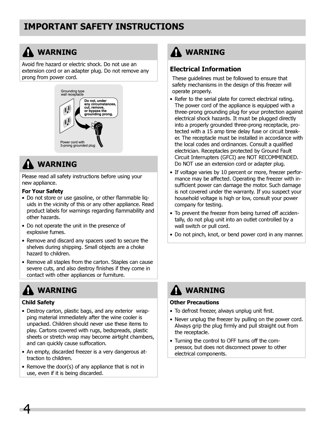 Frigidaire FFFC07M4NW, FFFC05M4NW, FFC0923DW Electrical Information, Child Safety, Other Precautions 