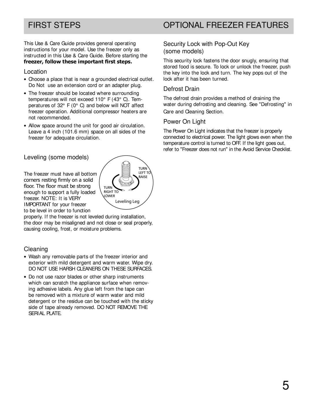 Frigidaire FFC0923DW, FFFC05M4NW, FFFC07M4NW important safety instructions First Steps Optional Freezer Features 