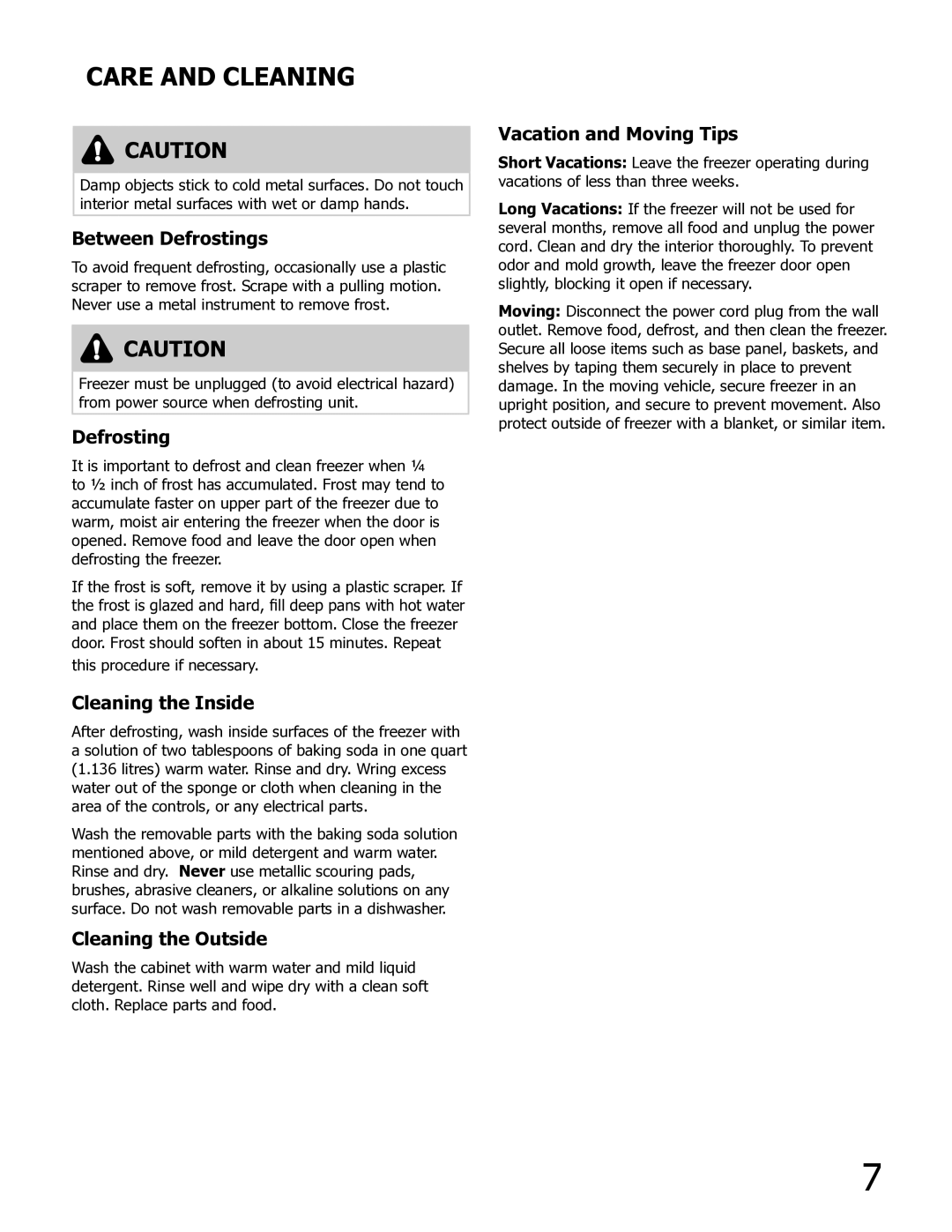 Frigidaire FFFC07M4NW, FFFC05M4NW, FFC0923DW important safety instructions Care and Cleaning 