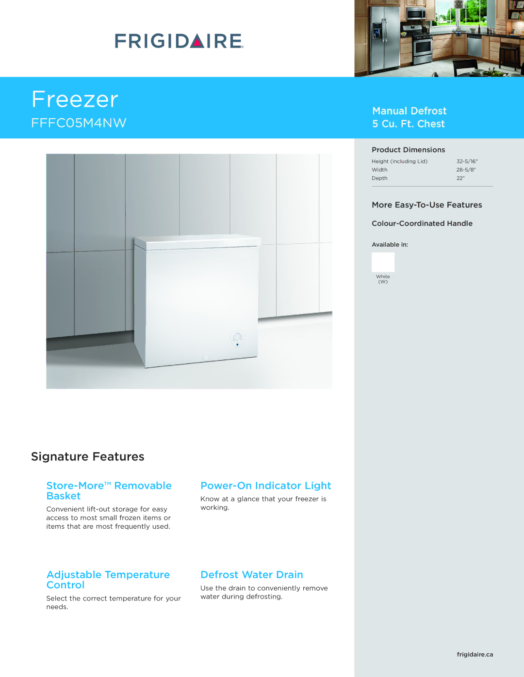 Frigidaire FFFC05M4NW dimensions Store-More Removable Basket, Adjustable Temperature Control, Power-On Indicator Light 
