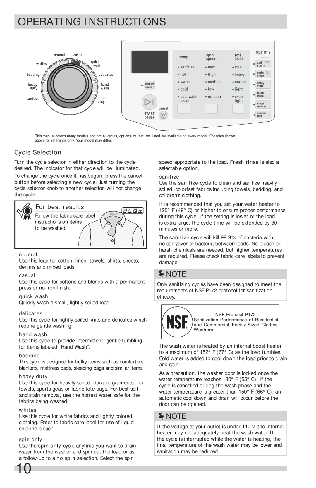 Frigidaire FFFS5115PW, FFFS5115PA important safety instructions Cycle Selection 