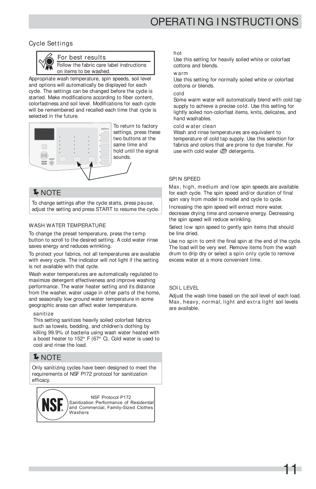 Frigidaire FFFS5115PA, FFFS5115PW Cycle Settings For best results, Wash Water Temperature, Spin Speed, Soil Level 