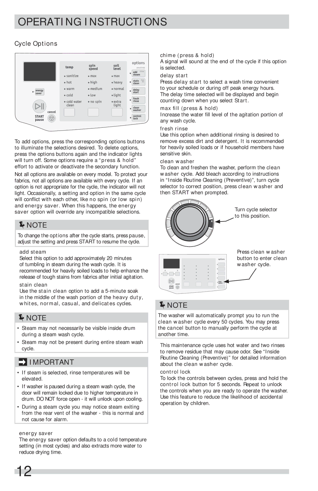 Frigidaire FFFS5115PW, FFFS5115PA important safety instructions Cycle Options 