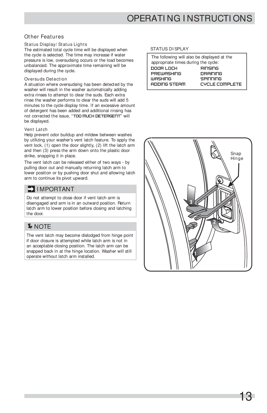 Frigidaire FFFS5115PA, FFFS5115PW important safety instructions Other Features, Status Display 