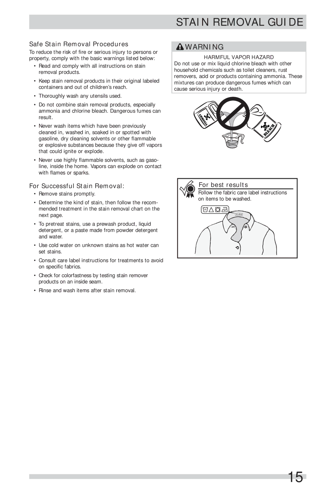 Frigidaire FFFS5115PA, FFFS5115PW Stain Removal Guide, Safe Stain Removal Procedures, For Successful Stain Removal 