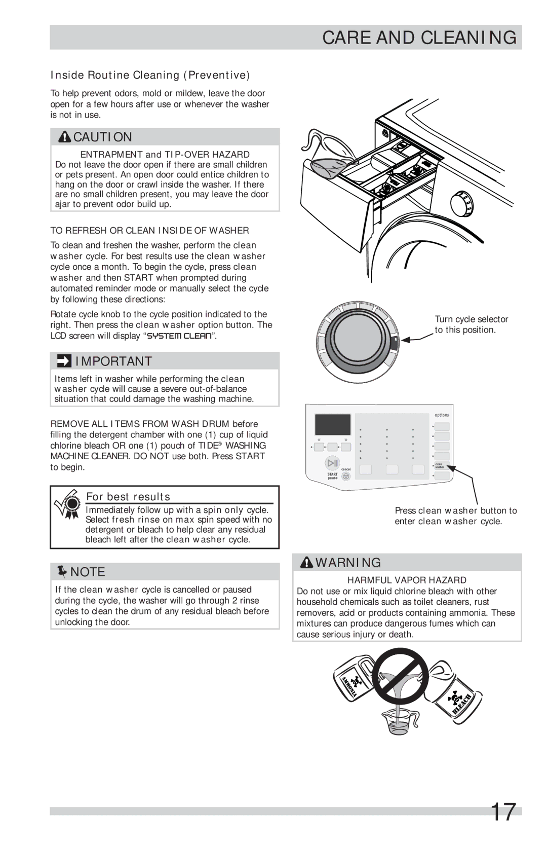 Frigidaire FFFS5115PA Care and Cleaning, Inside Routine Cleaning Preventive, To Refresh or Clean Inside of Washer 