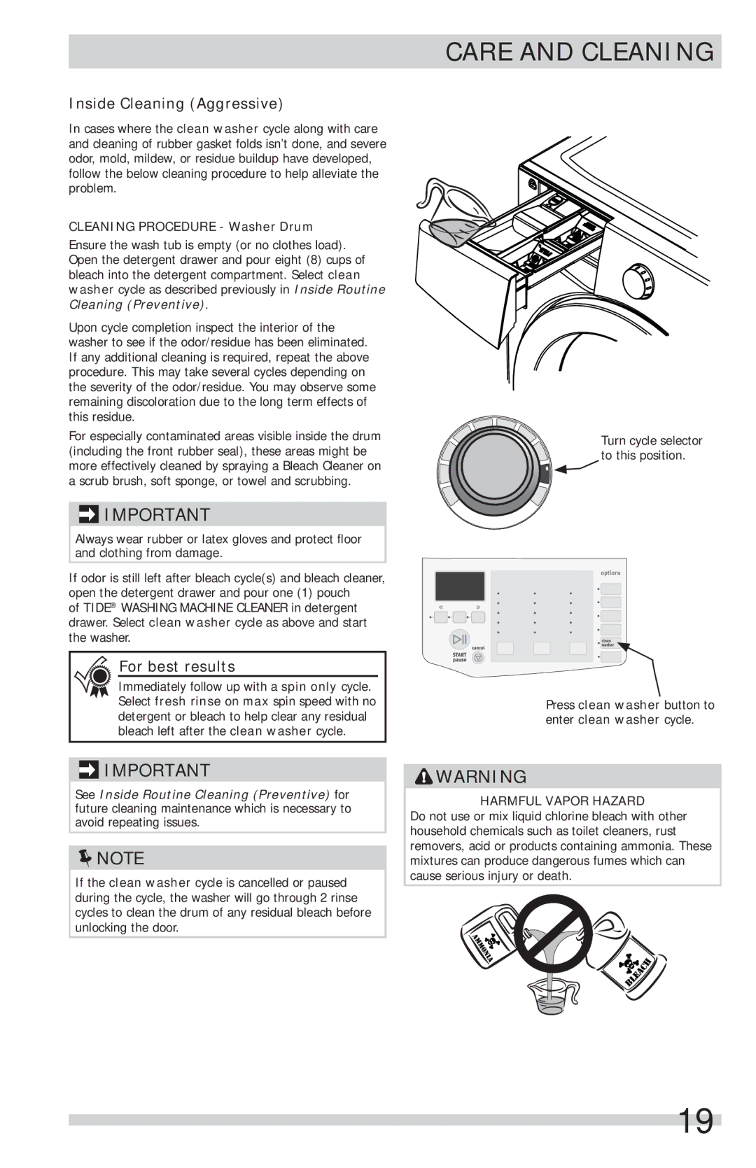 Frigidaire FFFS5115PA, FFFS5115PW important safety instructions Inside Cleaning Aggressive, Cleaning Procedure Washer Drum 