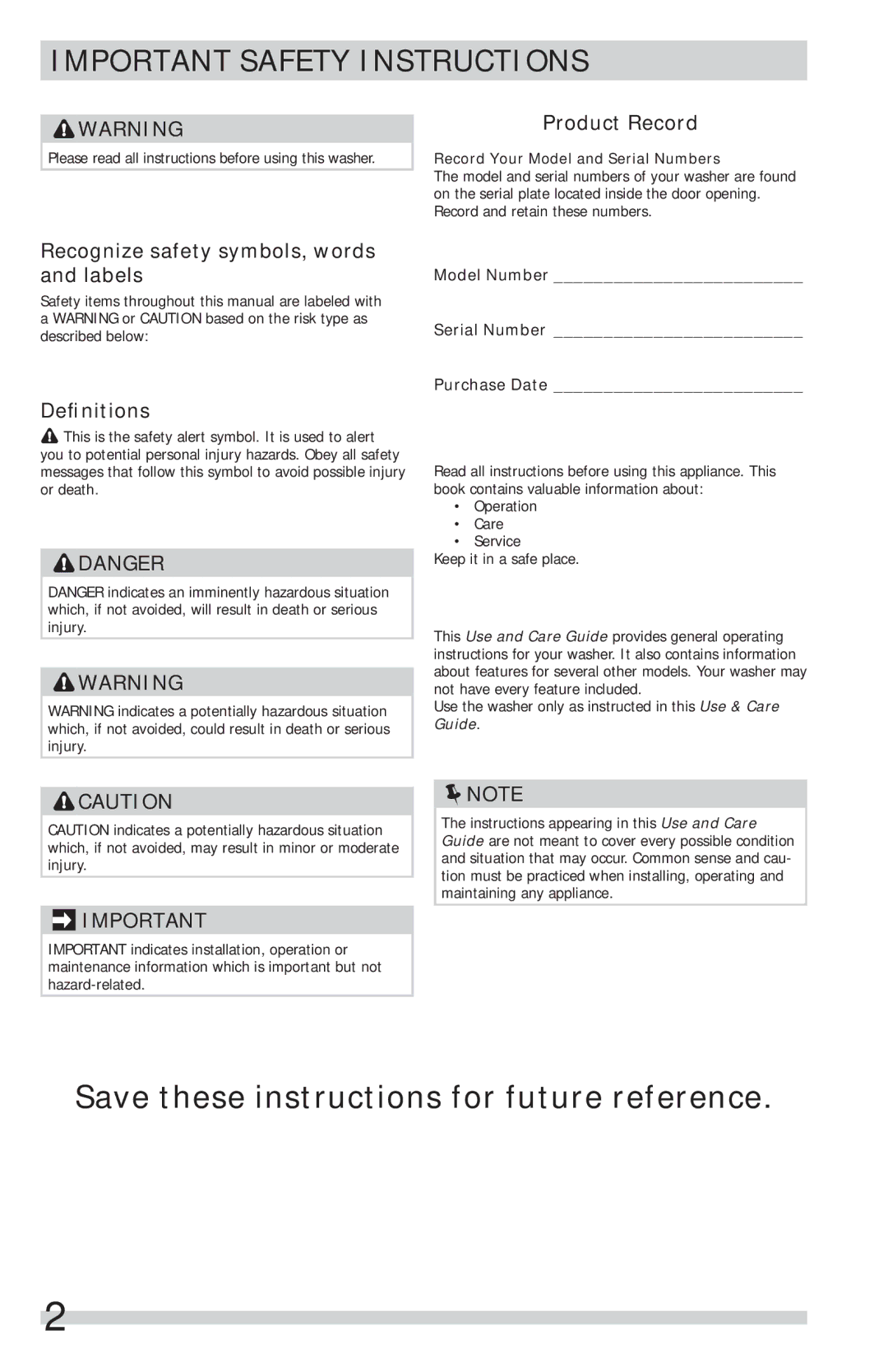 Frigidaire FFFS5115PW, FFFS5115PA Important Safety Instructions, Record Your Model and Serial Numbers 