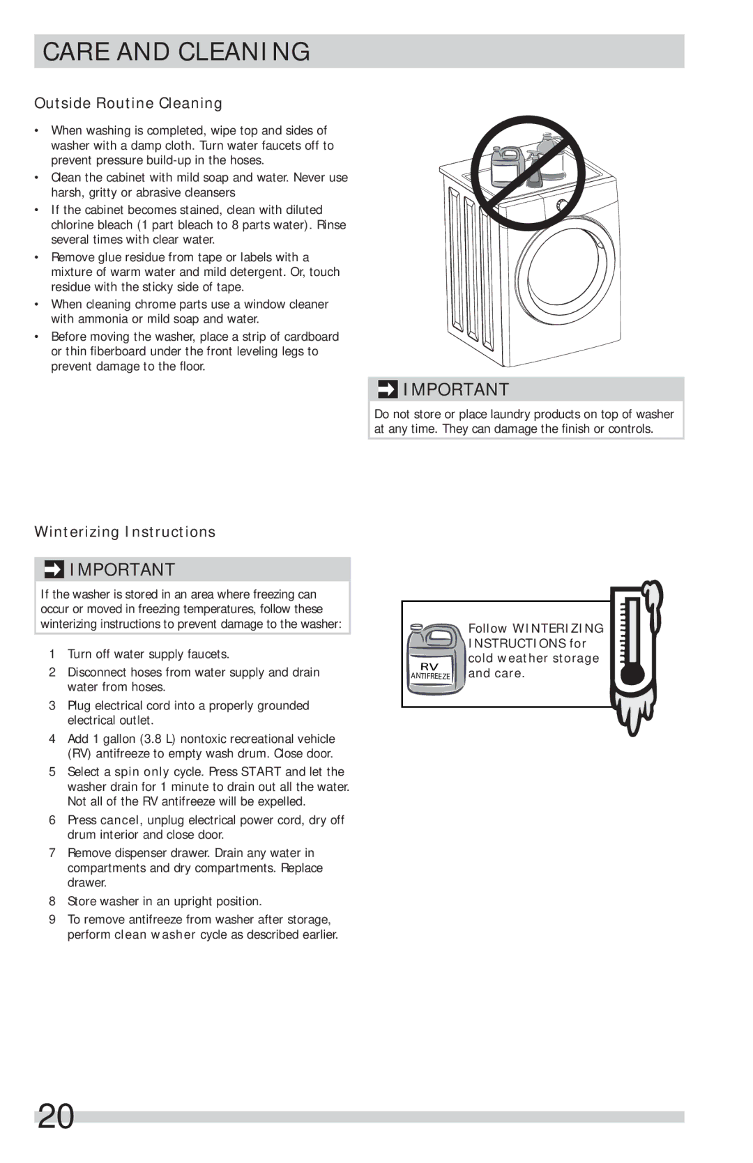 Frigidaire FFFS5115PW, FFFS5115PA important safety instructions Outside Routine Cleaning, Winterizing Instructions 