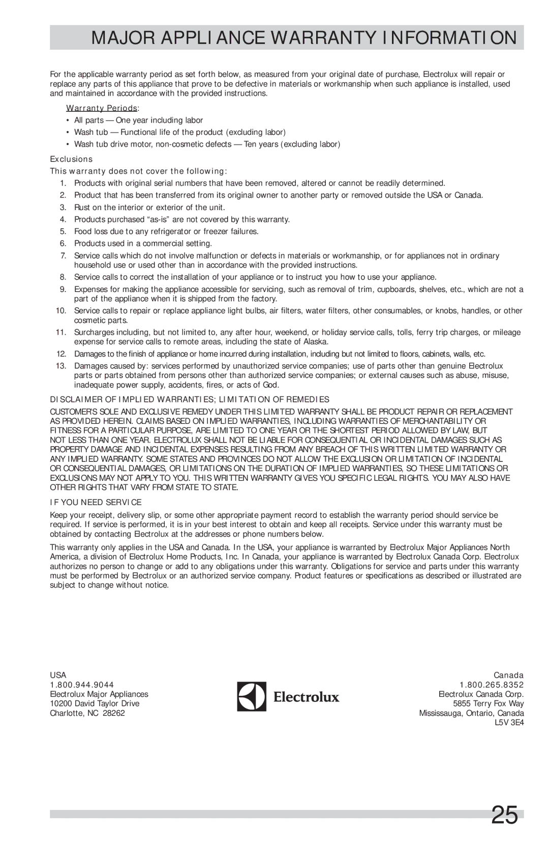 Frigidaire FFFS5115PA, FFFS5115PW important safety instructions Major Appliance Warranty Information, Warranty Periods 