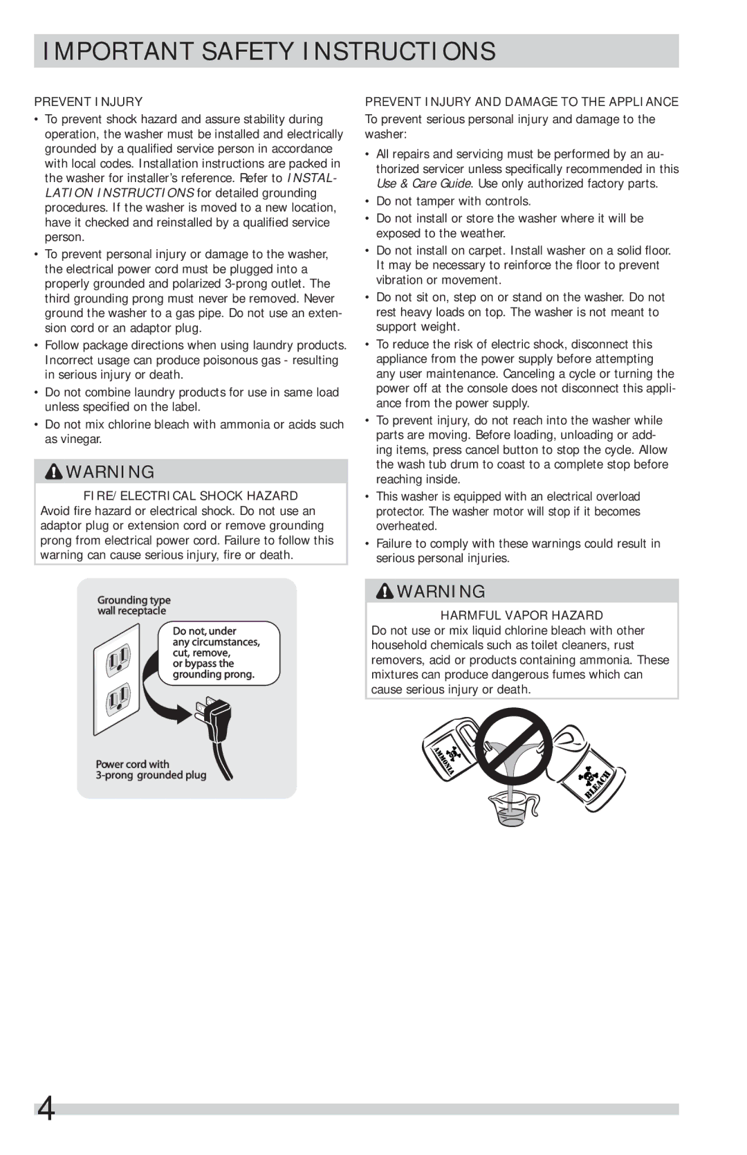 Frigidaire FFFS5115PW, FFFS5115PA Prevent Injury and Damage to the Appliance, Harmful Vapor Hazard 