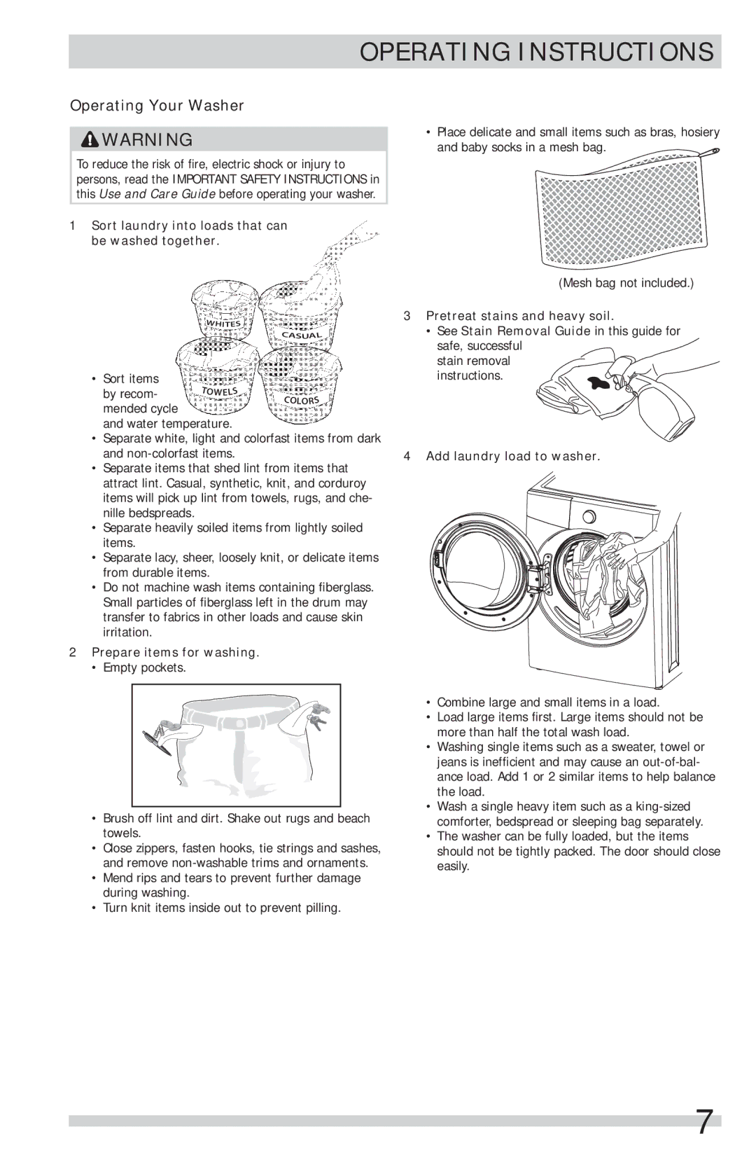 Frigidaire FFFS5115PA, FFFS5115PW Operating Your Washer, Sort laundry into loads that can be washed together 