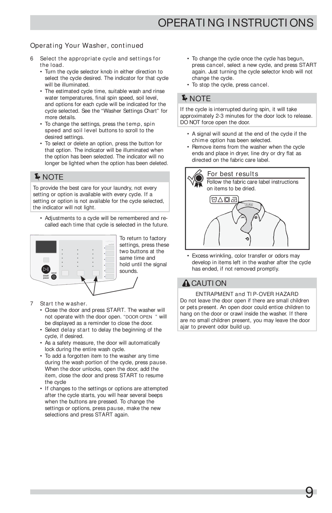 Frigidaire FFFS5115PA, FFFS5115PW Select the appropriate cycle and settings for the load, Start the washer 