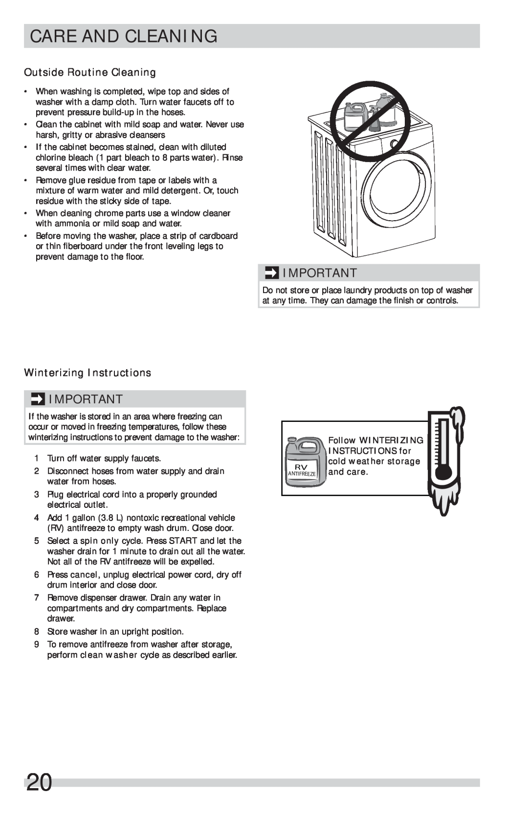 Frigidaire FFFS5115PW Outside Routine Cleaning, Winterizing Instructions, Follow WINTERIZING, INSTRUCTIONS for, and care 