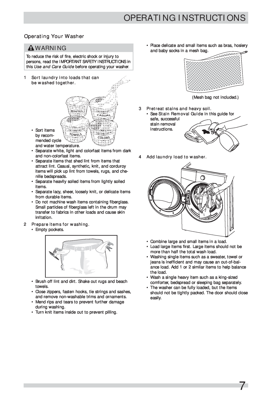 Frigidaire FFFS5115PA Operating Your Washer, Sort laundry into loads that can be washed together, Operating Instructions 