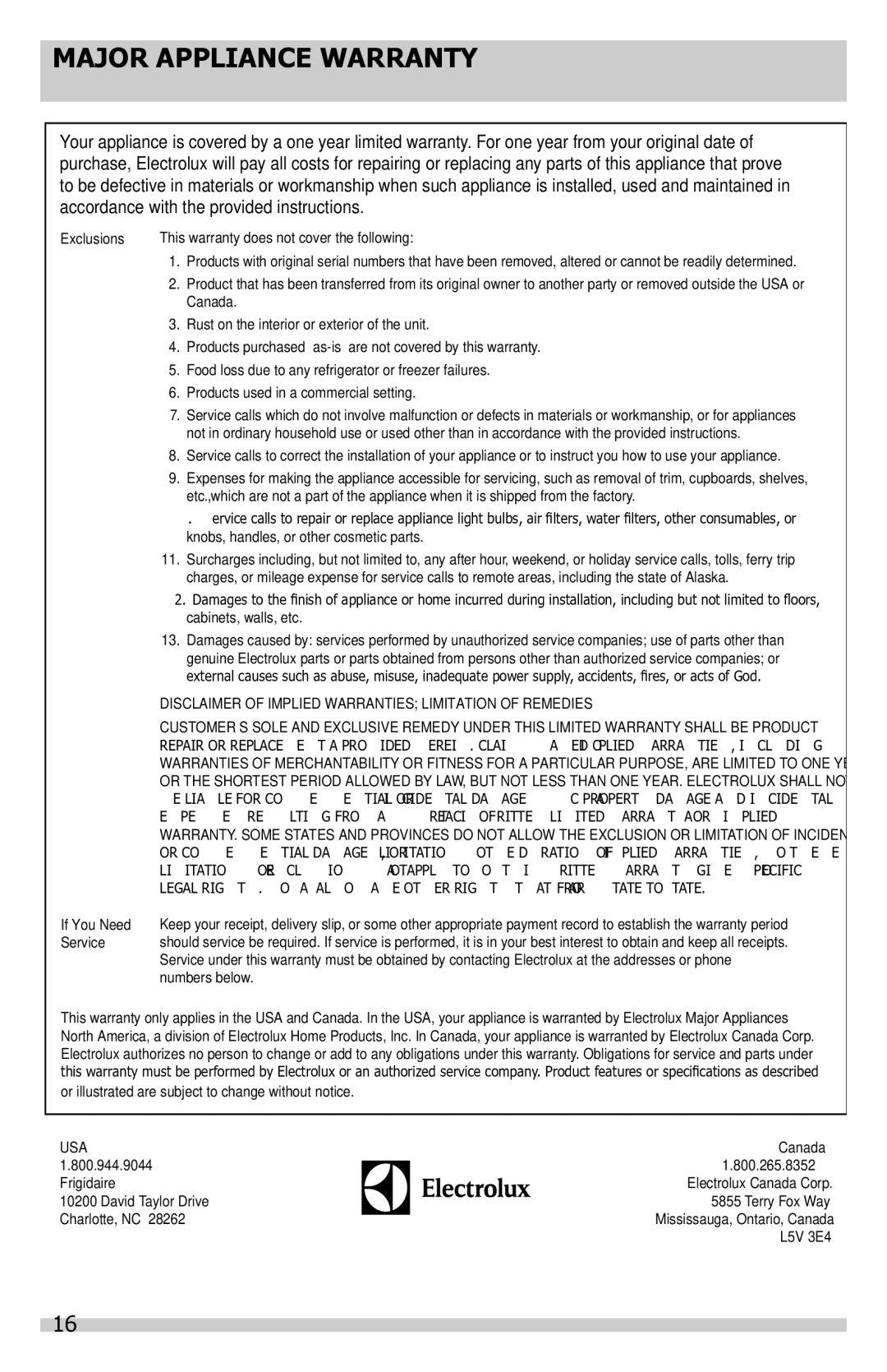 Frigidaire FFFU14M1QW, FFFU14F2QW manual Major Appliance Warranty, Exclusions This warranty does not cover the following 