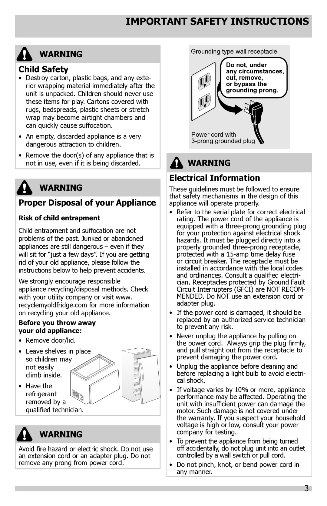 Frigidaire FFFC16M5QW, FFFU14M1QW, A01058501 Important Safety Instructions, Child Safety, Proper Disposal of your Appliance 