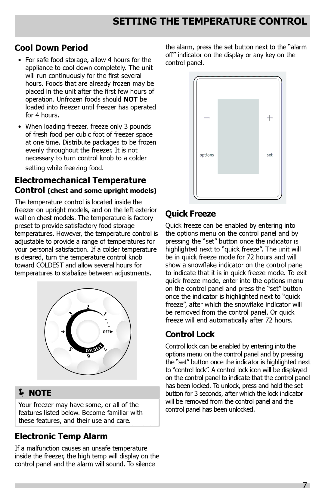 Frigidaire FFFC18M6QW Setting the Temperature Control, Cool Down Period, Quick Freeze, Control Lock, Electronic Temp Alarm 
