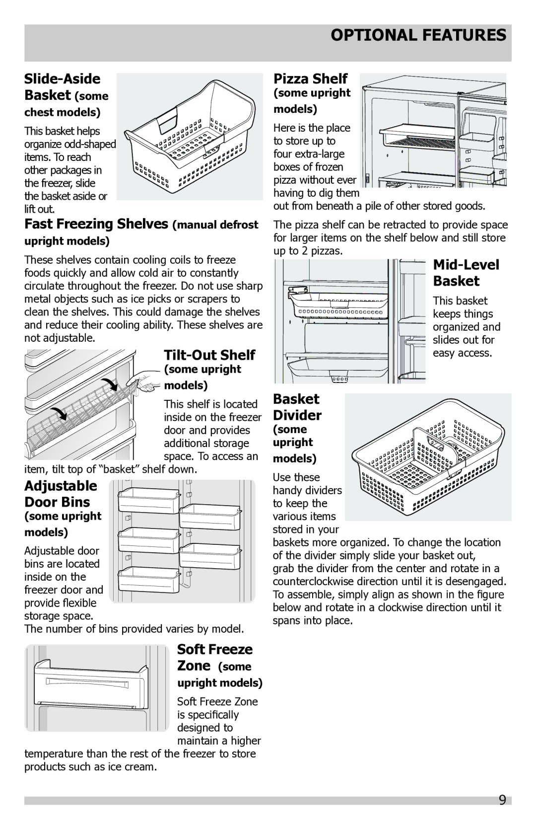 Frigidaire FFFU14F2QW Slide-Aside Basket some, Fast Freezing Shelves manual defrost, Tilt-Out Shelf some upright 