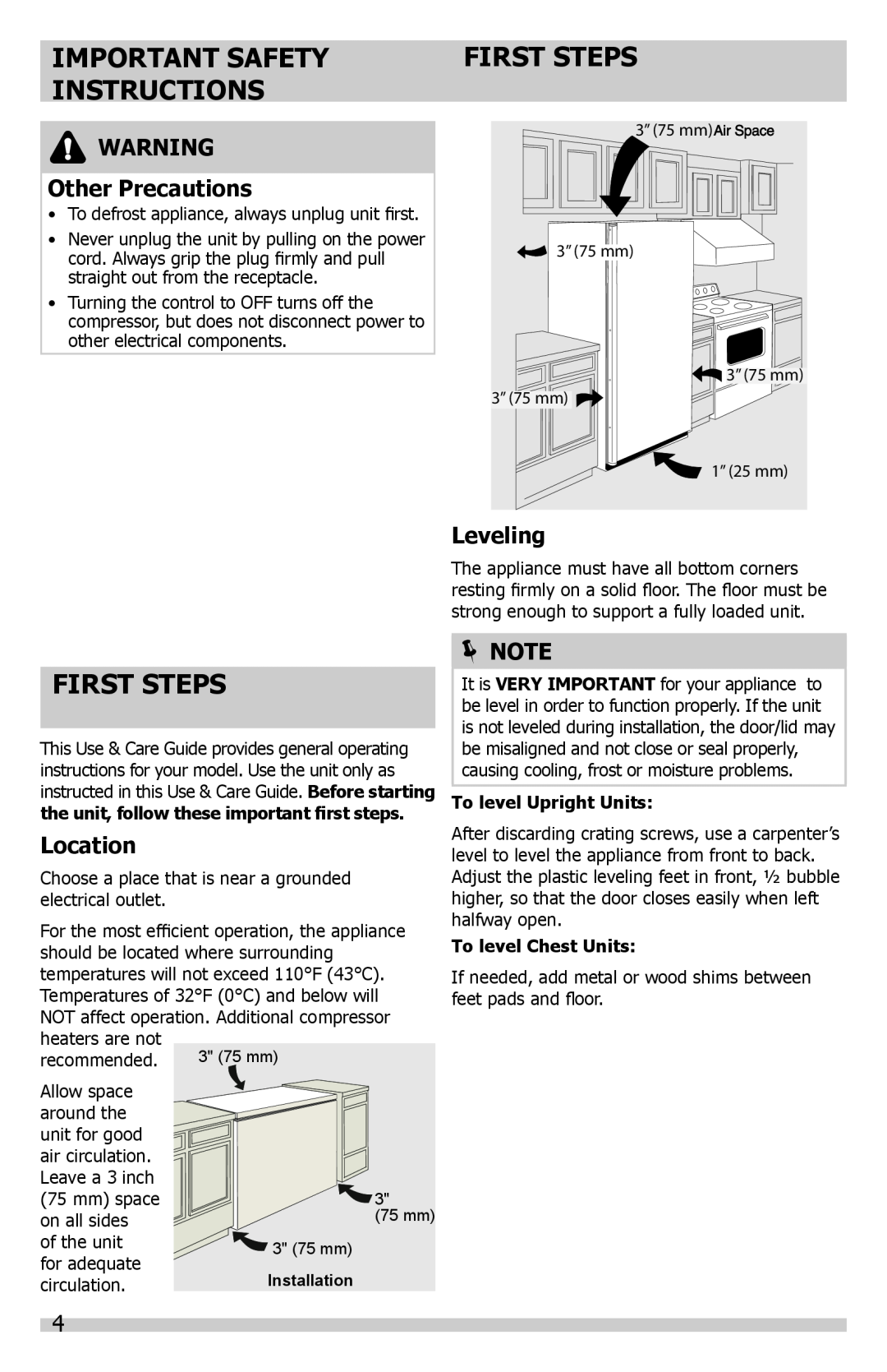 Frigidaire FFFH20F2QW, A01058501 First Steps, Other Precautions, Location, Leveling,  Note, Important Safety Instructions 