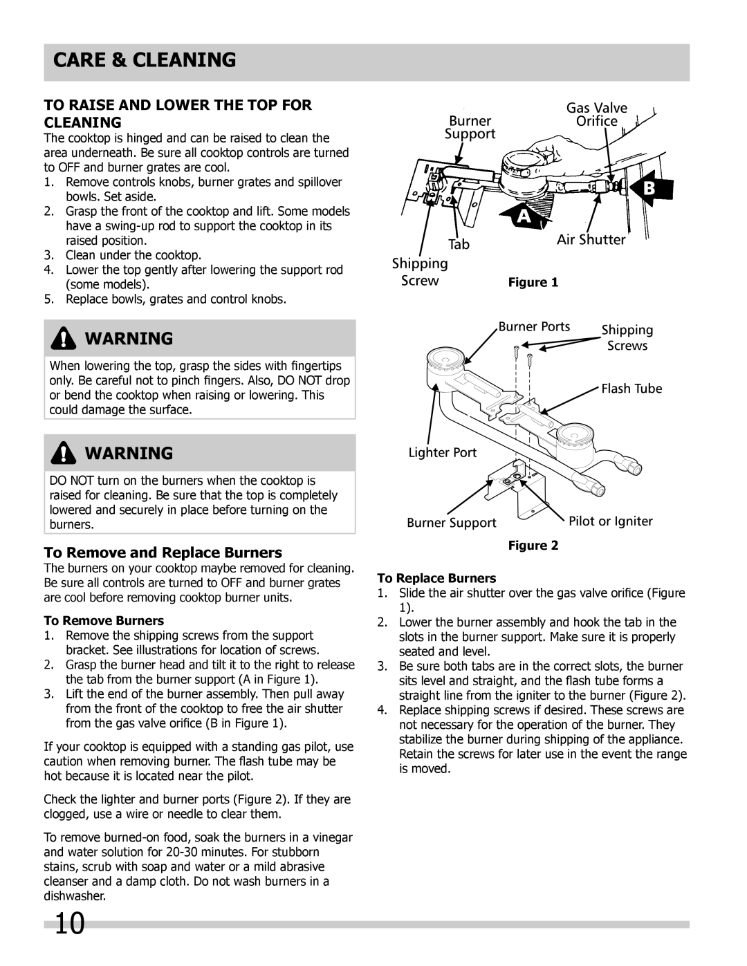 Frigidaire FFGC3005LW, FFGC2605LW Care & cleaning, To Raise and Lower the Top for Cleaning, To Remove and Replace Burners 