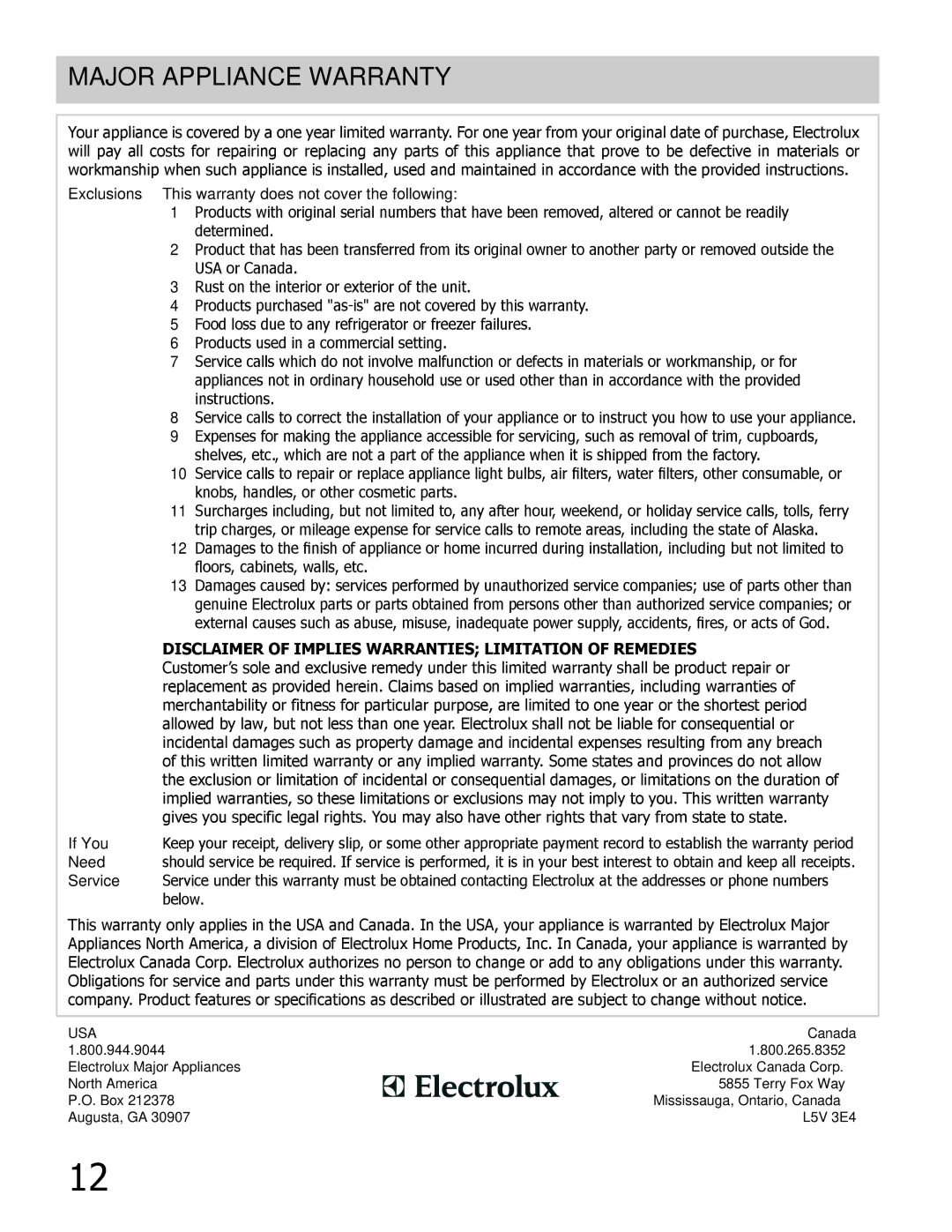 Frigidaire FFGC2605LW, FFGC3005LW, FFGC3603LW manual Exclusions This warranty does not cover the following 