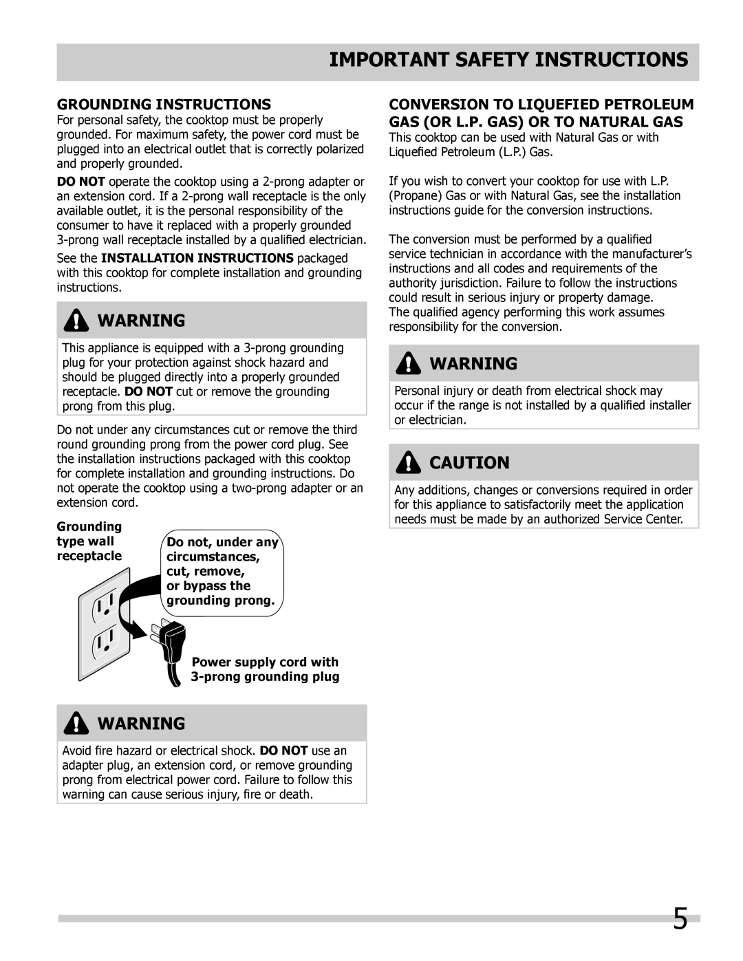 Frigidaire FFGC3603LW, FFGC2605LW, FFGC3005LW manual Grounding Instructions 